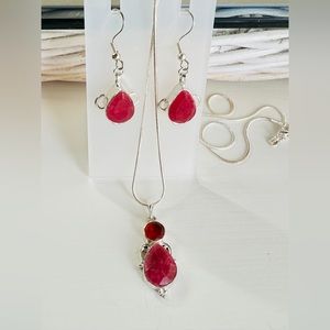 Sterling silver 925 red Quartz necklace and matching earrings set